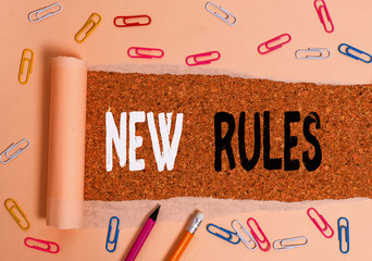 Handwriting text writing New Rules. Conceptual photo A state of changing an iplemented policy for...