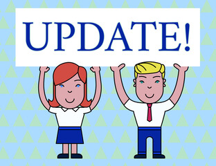 Text sign showing UPDATE. Business photo text make something more modern or up to date like software program Two Smiling People Holding Big Blank Poster Board Overhead with Both Hands