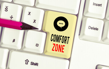 Writing note showing Comfort Zone. Business concept for place or situation where one feels safe and without stress White pc keyboard with note paper above the white background