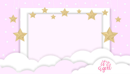 Fototapeta na wymiar Baby shower card with clouds and stars hanging on pink background, Vector illustration for Cute paper cut with copy space for baby's girl photos,
