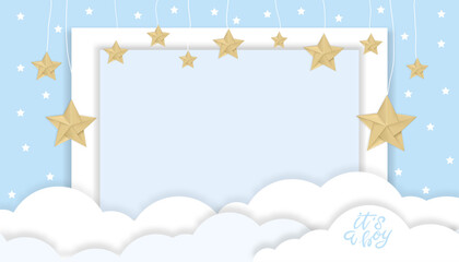 Baby boy shower card with clouds and stars hanging on blue background, Vector illustration Cute paper cut with copy space for baby's boy photos