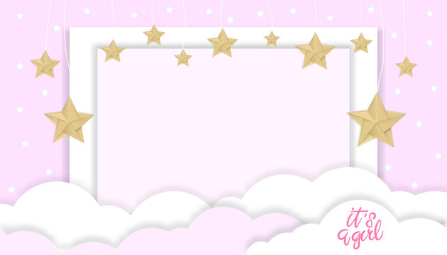 Baby shower card with clouds and stars hanging on pink background, Vector illustration for Cute paper cut with copy space for baby's girl photos,