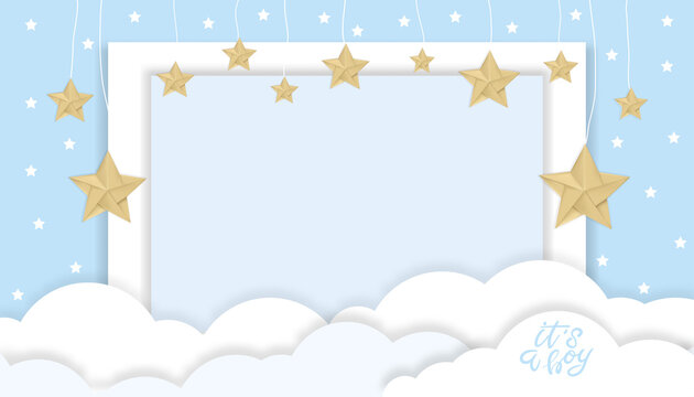 Vector illustration for baby boy shower card with clouds and stars hanging on blue background, Cute paper cut with copy space for baby's photos,