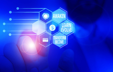 Fototapeta premium Text sign showing Awaken Learn Evolve Transform Become. Business photo showcasing Inspiration Motivation Improve Male human wear formal work suit presenting presentation using smart device