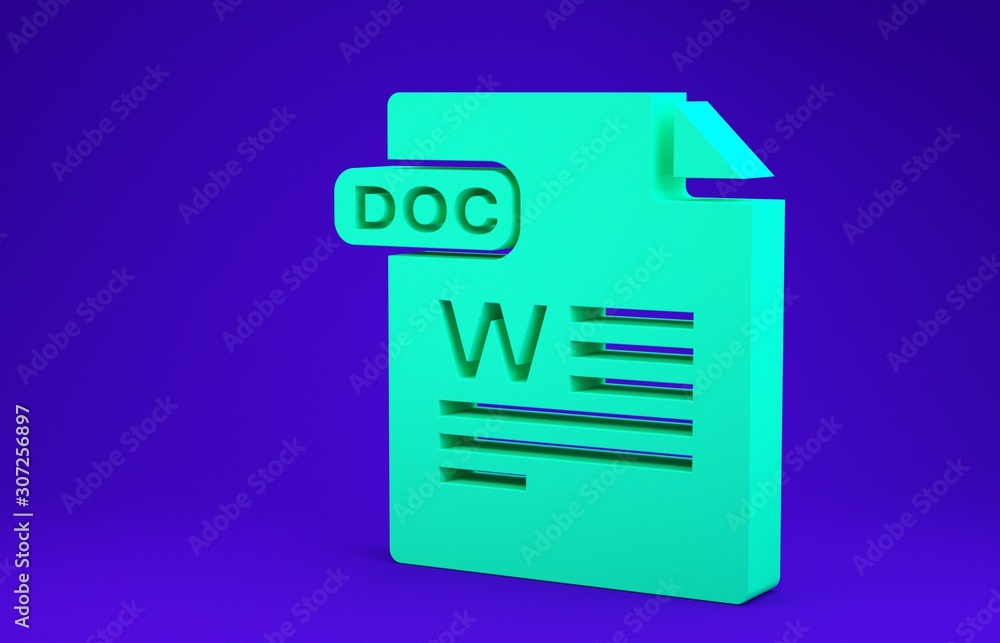 Poster green doc file document. download doc button icon isolated on blue background. doc file extension sy