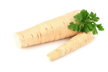 fresh parsley root with parsley isolated on white background