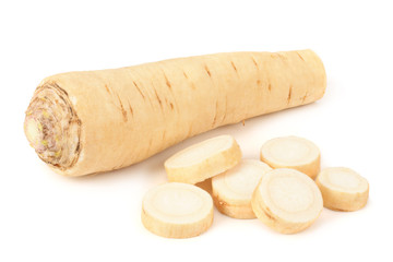 fresh parsley root with slices and parsley isolated on white background