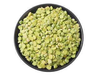 green peas in a black plate isolated on white background. top view