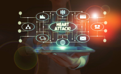 Handwriting text Heart Attack. Conceptual photo sudden occurrence of coronary thrombosis resulting in death Woman wear formal work suit presenting presentation using smart device