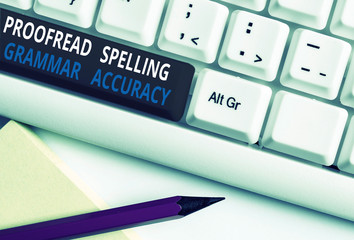 Writing note showing Proofread Spelling Grammar Accuracy. Business concept for Grammatically...