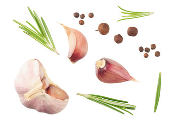 garlic with rosemary, peppercorns and allspice isolated on white background. top view