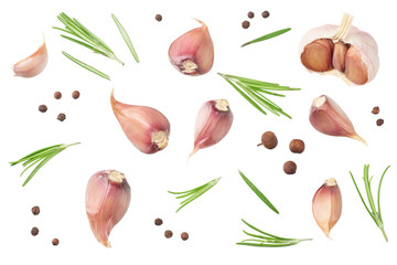 garlic with rosemary, peppercorns and allspice isolated on white background. top view