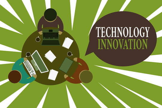 Conceptual hand writing showing Technology Innovation. Concept meaning significant technological changes of products Working table male employees electronic devices coffee cup