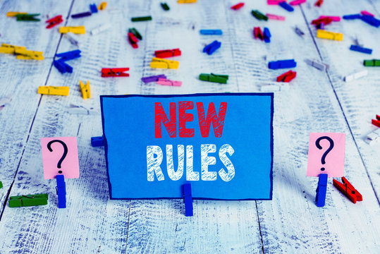 Word writing text New Rules. Business photo showcasing A state of changing an iplemented policy for better upgrade Scribbled and crumbling sheet with paper clips placed on the wooden table