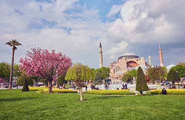 Fototapeta na wymiar Hagia Sophia in Istanbul. Basilica of Hagia Sophia is one of the best-known sights in Turkey. Hagia Sophia or Aya Sofya on the blue sky background.