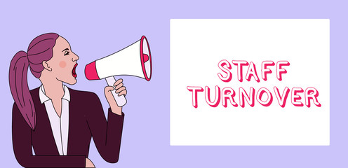 Writing note showing Staff Turnover. Business concept for The percentage of workers that replaced by new employees Woman Jacket Ponytail Shouting into Loudhailer Rectangular Box