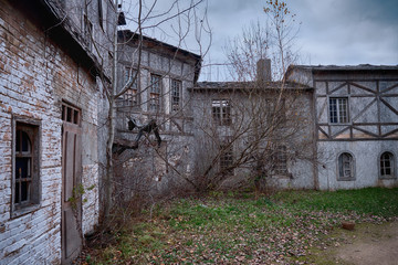 Fototapeta na wymiar Old yard overgrown with trees and bushes with houses in the style of medieval Europe. Retro buildings in an ancient European city