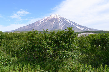 Obraz premium Panoramic view of the city Petropavlovsk-Kamchatsky and volcanoes: Koryaksky Volcano, Avacha Volcano, Kozelsky Volcano. Russian Far East, Kamchatka Peninsula.
