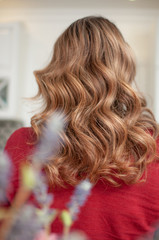 Female hairstyle on long brown hair hollywood wave back view