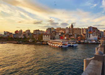 Fototapeta premium Bosphorus strait with ferry boats on the sunset in Istanbul