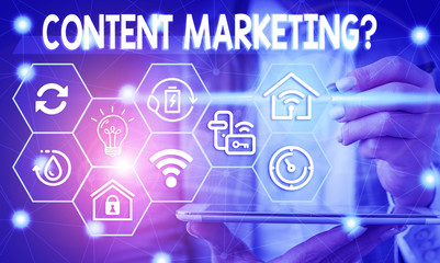 Conceptual hand writing showing Content Marketing Question. Concept meaning involves creation and sharing of online material Female human wear formal work suit presenting smart device
