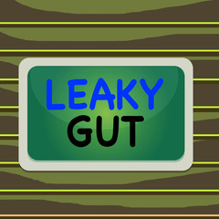 Conceptual hand writing showing Leaky Gut. Concept meaning A condition in which the lining of small intestine is damaged Board rectangle white frame empty fixed color surface plank