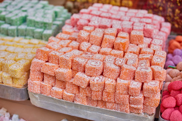 Turkish traditional sweets, rahat lukum in counter in the Grand Bazar market