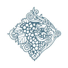 Grape and vine ornament. Hand drawn grape and vine engraving style illustration. Bunch of grapes vector design element. Wine theme grape and vine vintage style ornament.  Part of set.
