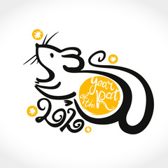 Handwritten Rat 2020. Year of the rat inscription on the background of yellow round stamp. New Year on the Chinese calendar.