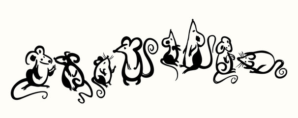 Handwritten Rats. Ink brush calligraphy. Year of the rat on the Chinese calendar.