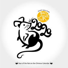 Handwritten Rat 2020. Year of the rat inscription on the background of yellow round stamp. New Year on the Chinese calendar.