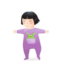 Funny Asian Kid Girl with Pocket Monster walking toddler.