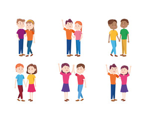 Fototapeta na wymiar cartoon teenagers couples icon set, colorful design