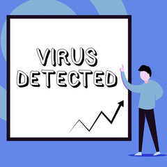 Conceptual hand writing showing Virus Detected. Concept meaning A computer program used to prevent and remove malware Man standing pointing up blank rectangle Geometric background