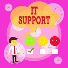 Writing note showing It Support. Business concept for Lending help about information technologies and relative issues White Questionnaire Survey Choice Satisfaction Green Tick