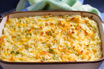 Shepherd's Pie or Cottage Pie. Casserole in baking dish. horizontal image