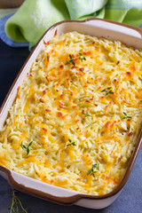 Shepherd's Pie or Cottage Pie. Casserole in baking dish. vertical image