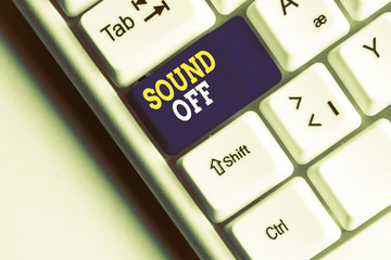 Conceptual hand writing showing Sound Off. Concept meaning To not hear any kind of sensation...