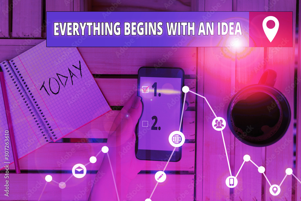 Poster writing note showing everything begins with an idea. business concept for steps you take to turn an 