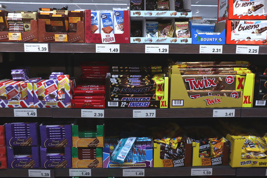 IJmuiden, the Netherlands, July 4th 2018: chocolates and candy bars in a supermarket