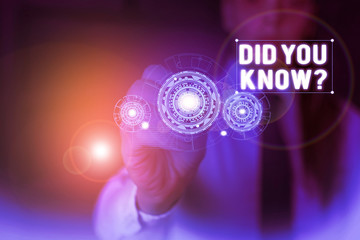 Text sign showing Did You Know Question. Business photo showcasing when you are asking someone if they know fact or event Woman wear formal work suit presenting presentation using smart device