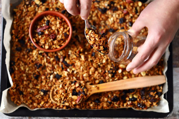 Selective focus. Homemade granola. Cooking granola.