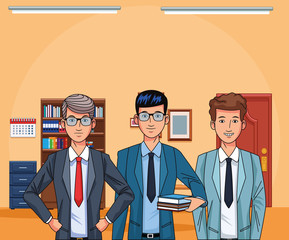 cartoon businessmen at office background, colorful design