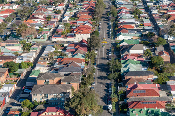 Aerial view of urban suburb residential area with houses and street