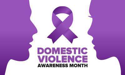 Domestic Violence Awareness Month in October. Celebrate annual in United States. Awareness purple ribbon. Day of Unity. Prevention campaign. Stop women abuse. Poster, banner and background. Vector