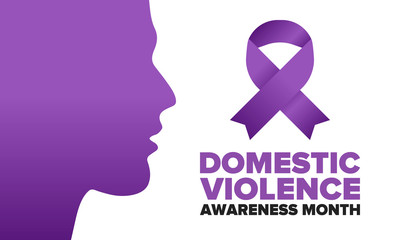 Domestic Violence Awareness Month in October. Celebrate annual in United States. Awareness purple ribbon. Day of Unity. Prevention campaign. Stop women abuse. Poster, banner and background. Vector