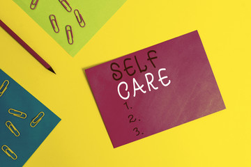Word writing text Self Care. Business photo showcasing Give comfort to your own body without...