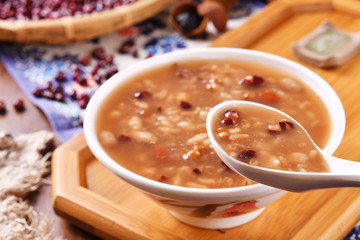 Eight treasure porridge on white wooden table  