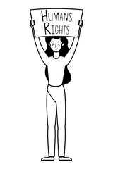young woman with human rights label character