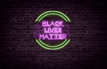 A green and purple neon light sign that reads: Black Lives Matter